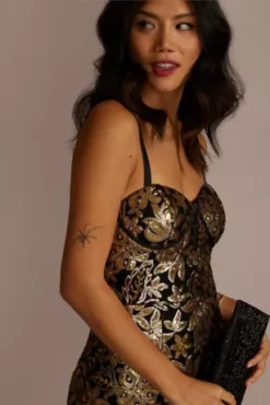 Corset Bodice Floral Knee-Length Sheath -Kelly Shop WBM2808 BLKGOLD PARTY PROD11 3721