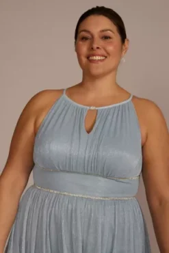 Plus Size Pleated Long Halter Dress With Keyhole -Kelly Shop WBM2831W LTBLUE MOB PROD4 089