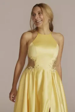 Satin Halter A-Line With Illusion Cutouts 5 Satin Halter A-Line With Illusion Cutouts -Kelly Shop WBM2864 CANARY PROM PROD12 095