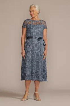 Illusion Sleeve Soutache Tea Length Dress