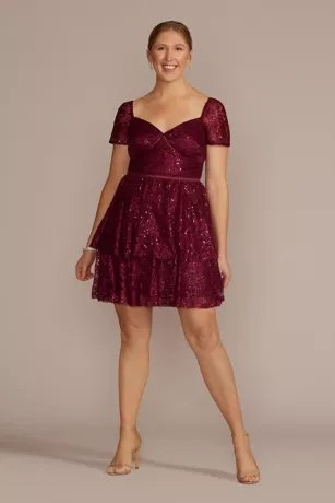 Short Sleeve Illusion Lace Tiered Ruffle Dress 1 Short Sleeve Illusion Lace Tiered Ruffle Dress