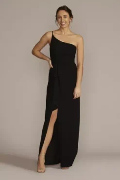 One-Shoulder Crepe Sheath With Cascade Ruffle
