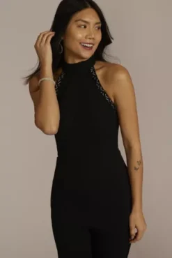 Beaded Halter Crepe Jumpsuit -Kelly Shop WBM3013 BLACK PARTY PROD1 122