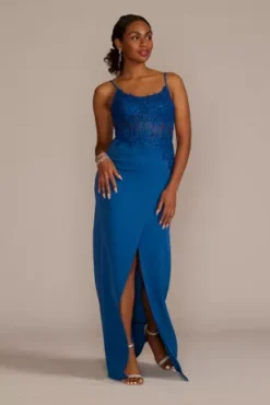 Sheath Crepe Gown With Embellished Corset Bodice