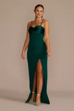 Spaghetti Strap Crepe And Satin Sheath With Slit