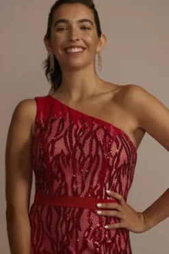 Sequin Lace One Shoulder Sheath Gown -Kelly Shop WBM3087 RED PRTY PROD9 646