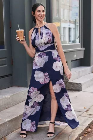 High-Neck Floral A-Line Gown With Keyholes 5 High-Neck Floral A-Line Gown With Keyholes - Image 5