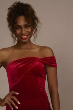 One-Shoulder Sparkle Velvet Sheath With Slit -Kelly Shop WBM3181 RED PRTY PROD7 2229