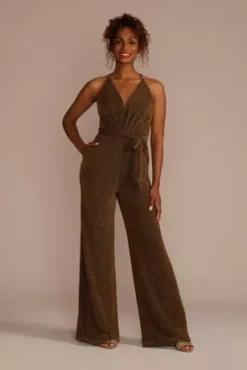 Metallic Tie-Waist Jumpsuit With Crisscross Back