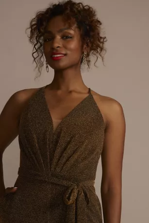 Metallic Tie-Waist Jumpsuit With Crisscross Back 3 Metallic Tie-Waist Jumpsuit With Crisscross Back - Image 3