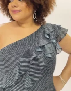 Polka Dot One-Shoulder Ruffle A-Line Dress -Kelly Shop WBM3183V1 PDP