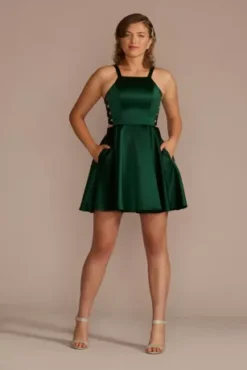 High Neck Short Satin A-Line Dress With Cutouts