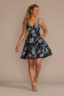 Plunging Metallic Floral Brocade A-Line Dress