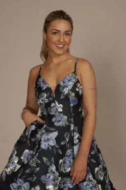 Plunging Metallic Floral Brocade A-Line Dress -Kelly Shop WBM3210 NAVY HC PROD7 064