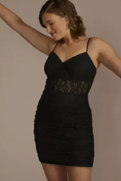 V-Neck Lace Mini Dress With Illusion Waist -Kelly Shop WBM3216 BLACK HC PROD6 1379