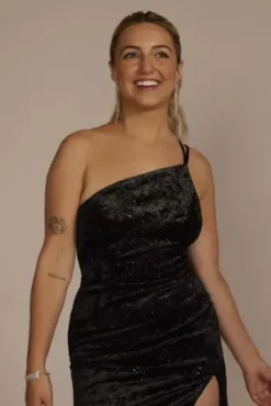 One-Shoulder Velvet Sparkle Mini Dress With Slit -Kelly Shop WBM3218 BLACK HC PROD7 079