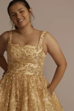 Square Neck Sequin Embellished Damas Dress -Kelly Shop WBM3239 GOLD QUINCE PROD7 060