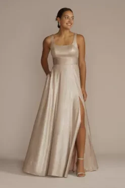 Square Neck Stretch Satin Metallic Tank Dress