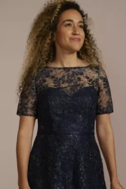 Short Sleeve Illusion Lace High-Low Dress 6 Short Sleeve Illusion Lace High-Low Dress -Kelly Shop WBM3288 NAVY MOB PROD6 137