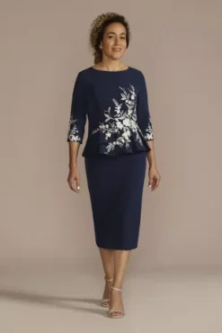 Crepe Peplum Dress With Floral Embroidery