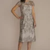Scalloped Cap Sleeve Sequin Embroidered Sheath