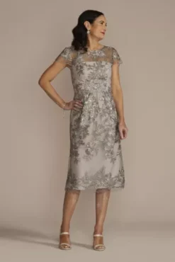 Scalloped Cap Sleeve Sequin Embroidered Sheath