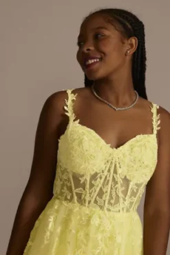 Floral Applique Ballgown With Illusion Corset -Kelly Shop WBM3377 CANARY PROD9 PRM 2862