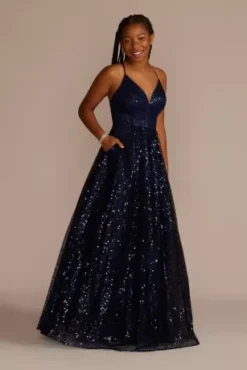 Illusion Plunge Allover Sequin Ball Gown
