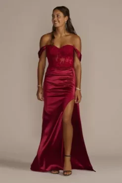 Off-Shoulder Satin Sheath With Embroidered Corset