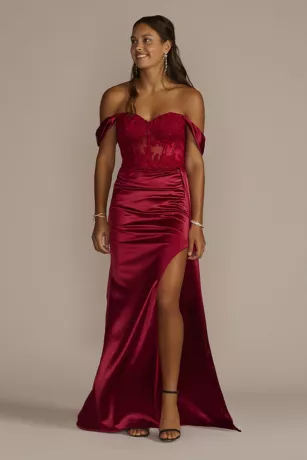 Off-Shoulder Satin Sheath With Embroidered Corset 1 Off-Shoulder Satin Sheath With Embroidered Corset