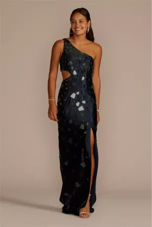 One Shoulder Cut Glass Stretch Satin Sheath 1 One Shoulder Cut Glass Stretch Satin Sheath