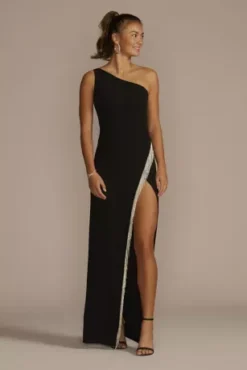 One-Shoulder Fringe Trimmed Crepe Sheath