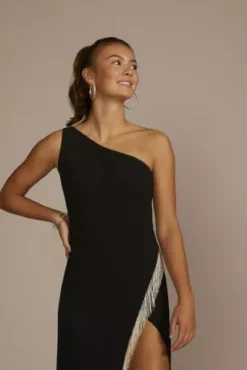 One-Shoulder Fringe Trimmed Crepe Sheath -Kelly Shop WBM3476 BLACK PRM PROD11 054 1