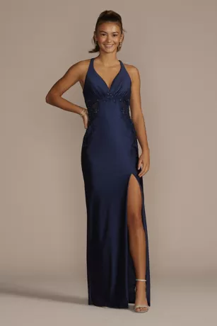 Stretch Satin Sheath With Embroidered Illusion 1 Stretch Satin Sheath With Embroidered Illusion