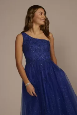 One-Shoulder Glitter Tulle 3D Floral Ball Gown -Kelly Shop WBM3495 HORIZON PRM PROD12 442