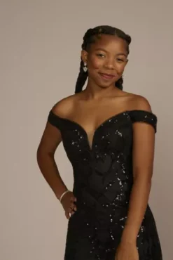 Off-the-Shoulder Sequin Tulle Mermaid Dress -Kelly Shop WBM3563 BLACK PRM PROD11 042