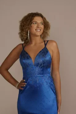 Plunging Pattern Embellished Satin Sheath -Kelly Shop WBM3575 HORIZON PRM PROD10 050