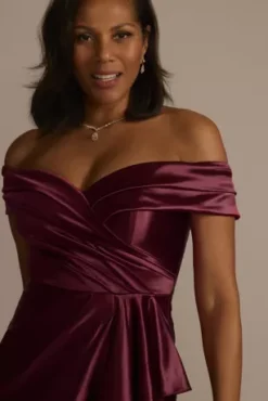 Short Off-the-Shoulder Stretch Satin Ruffle Sheath -Kelly Shop WBM3675 WINE MOB PROD12 102