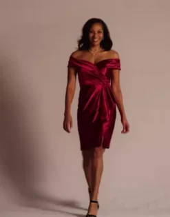 Short Off-the-Shoulder Stretch Satin Ruffle Sheath -Kelly Shop WBM3675 Wine