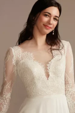 Long Sleeve Plunge Lace Chiffon Wedding Dress -Kelly Shop WG4035 SFTWHTSTONE DBSTU PROD3 287