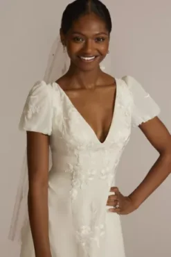 Floral Applique Puff Sleeve V-Neck Wedding Gown -Kelly Shop WG4052 SFTWHTOYSTER DBSTU PROD1 070