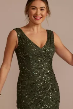 Sequin V-Neck Tank Sheath Dress With Slit -Kelly Shop WGIN1185 GREEN PRTY PROD3 114