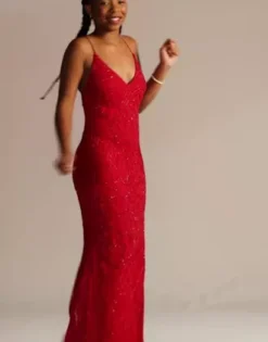 Patterned Beaded And Sequined Sheath With Slit -Kelly Shop WGIN29T Red 2