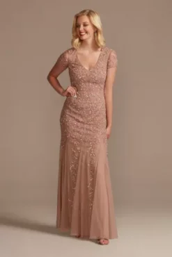Cap Sleeve Beaded Sheath Dress With Tulle Godets