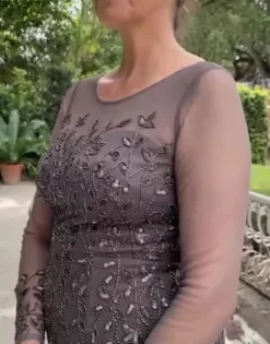 Long Sleeve Beaded Illusion Godet Hem Dress -Kelly Shop WGIN5188D PDP