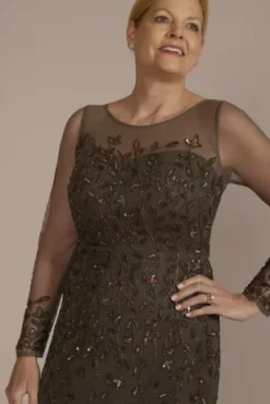 Long Sleeve Beaded Illusion Godet Hem Dress -Kelly Shop WGIN5188D TAUPE MOB PROD6 099