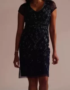 Allover Beaded Cap Sleeve Sheath Dress 7 Allover Beaded Cap Sleeve Sheath Dress -Kelly Shop WGIN5281 NAVY